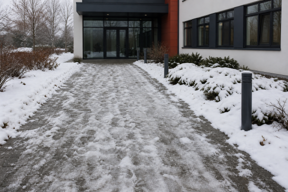Winterdienst – VORHER Vereister und verschneiter Gehweg vor dem Winterdienst